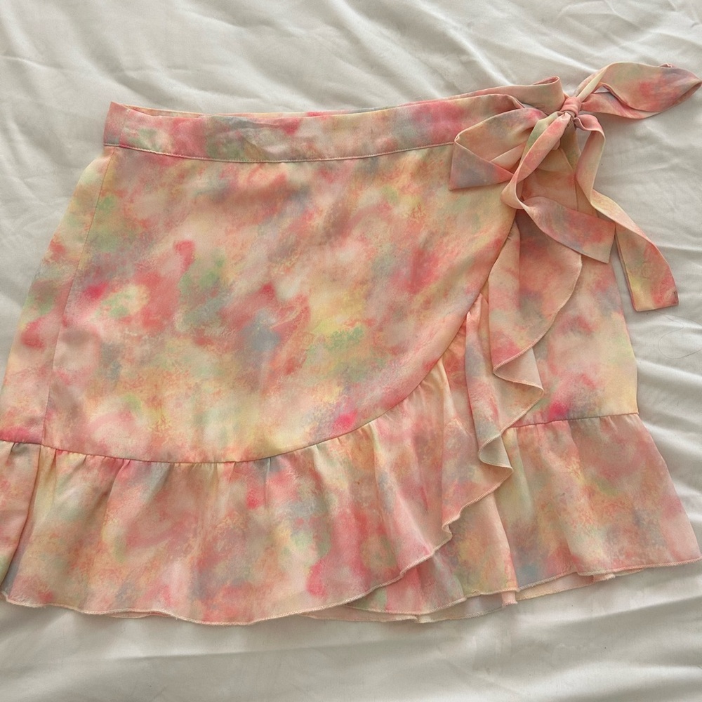 Chelsea & Violet Pink Orange Ruffled Wrap Mini Skirt